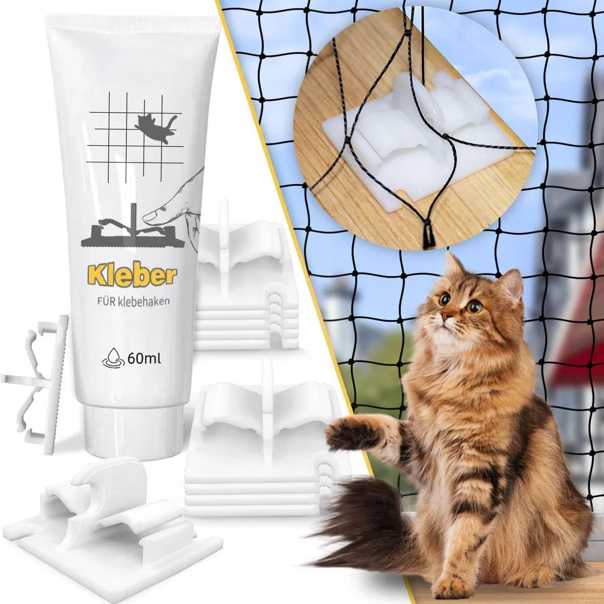Rete Balcone per Gatti con Ganci Adesivi, 50 unità + Colla, 2 Funzioni: Blocca + Hang, Senza Forare