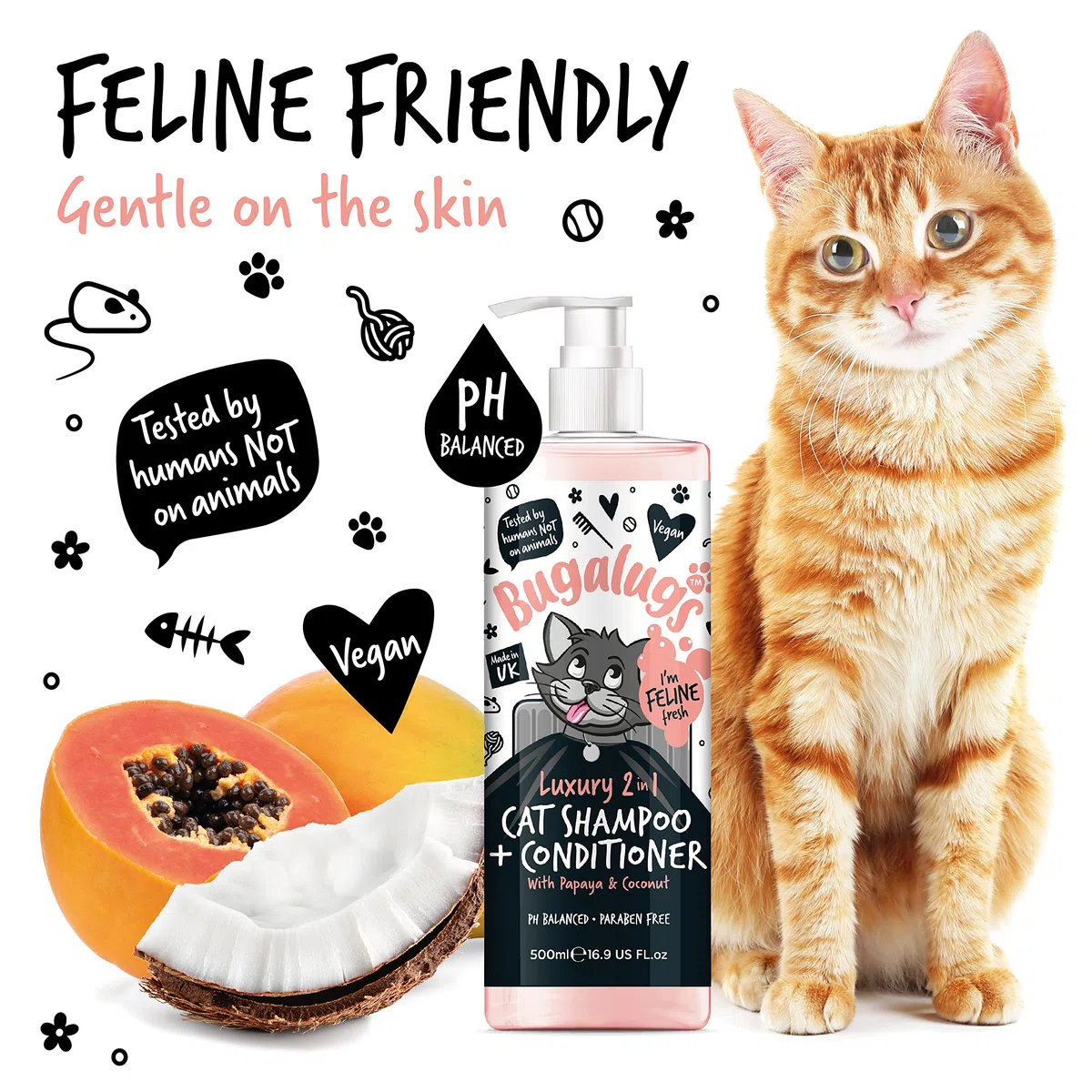 Bugalugs Shampoo e balsamo per gatti 2 in 1. Detergente, nutriente e condizionante per tutti i peli di gatto. Profumo calmante alla papaya e cocco. Per tutti i gatti e gattini. Toelettatura di gatti e