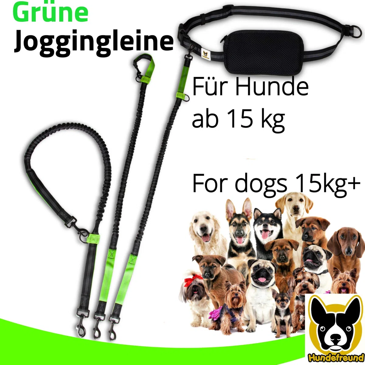Guinzaglio da jogging | Per correre a mani libere, passeggiate ed escursioni | Corda di 120 cm (allungabile fino a 200 cm) con cintura in vita regolabile in nylon resistente allo strappo e con marsupio rimovibile