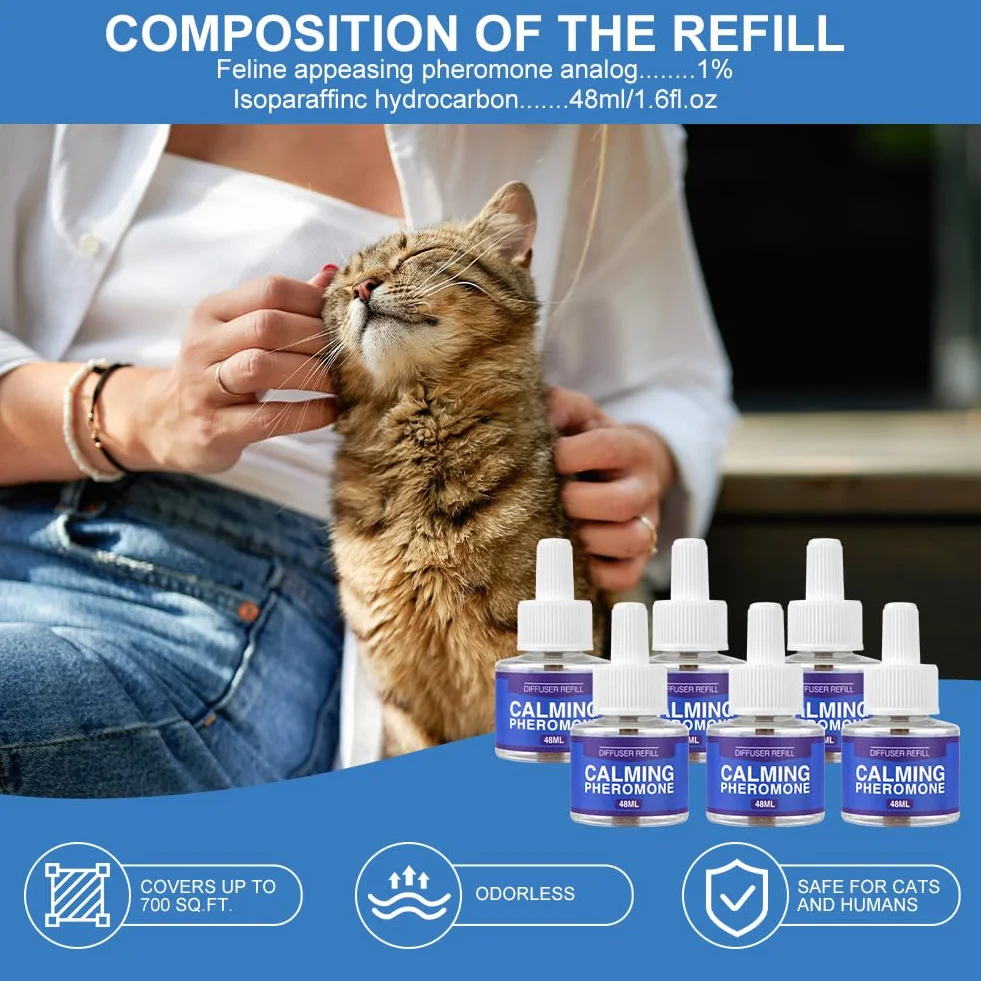 Aomig Calmante per Gattiper Antistress, 6 x Ricariche da 48 ml, Diffusore Calmante Gatti, Diffusore Feromoni per Gatti, Feromoni per Gatti