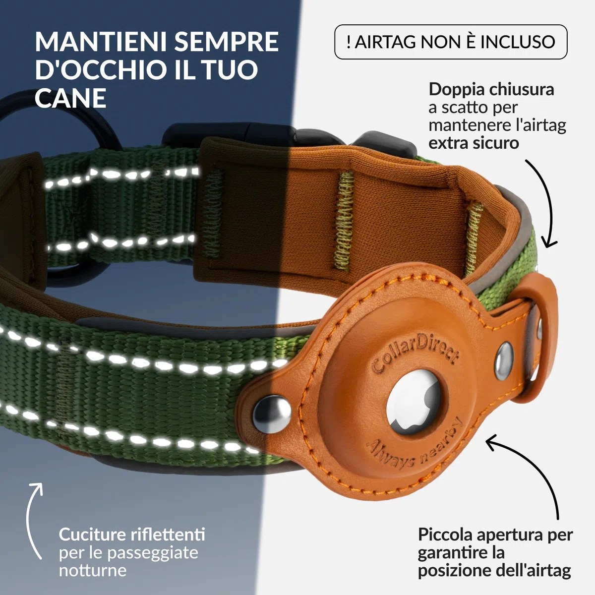 Collare Airtag cane, CollarDirect, Collare riflettente per Apple Air Tag per cani di taglia grande, media e piccola, Verde, Taglia L