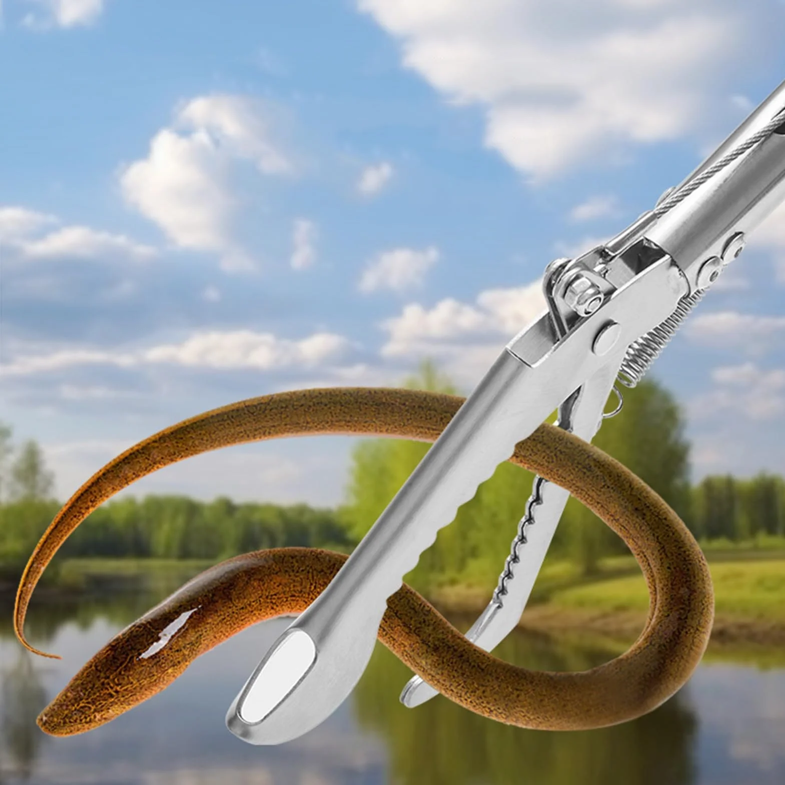 Pinza per serpenti in acciaio inox, doppia faccia seghettata, pieghevole, a ganascia larga, con manico antiscivolo, per serpenti, topi, serpenti a sonagli, argento