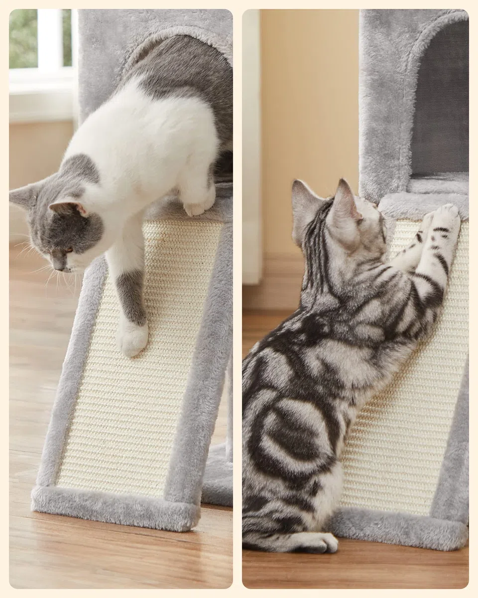 FEANDREA Tiragraffi per Gatti, Albero per Gatti, Grotta per Gattini Micini, Diversi Livelli di Peluche, 42 x 32 x 118 cm, Graffitoio, 3 Bastoncini Pompom Rimovibili, Grigio Chiaro PCT143W01
