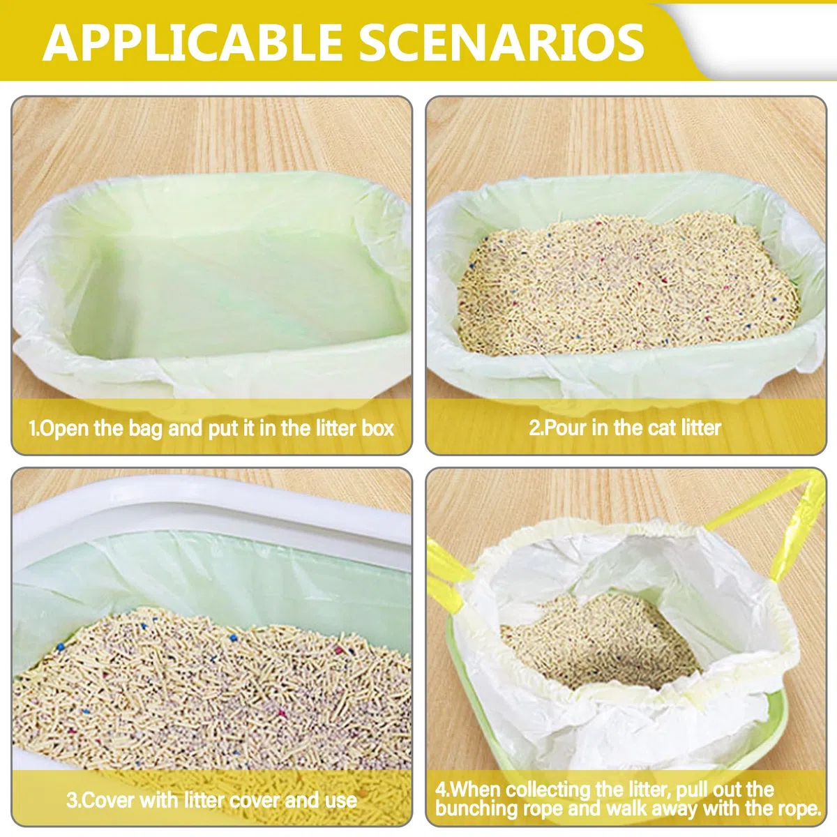 3 rotoli/60 sacchetti per lettiera per gatti, 94 x 45 cm, con tracolla, per lettiera per gatti, antistrappo, per liquidi, spessi e spessi per gatti, con portata di 10 kg
