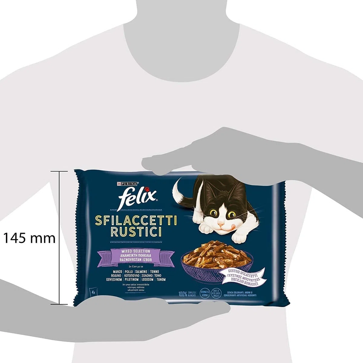 Felix Purina Sfilaccetti Rustici Cibo Umido per Gatti con Manzo, Pollo, Tonno e Salmone 48 buste da 80g