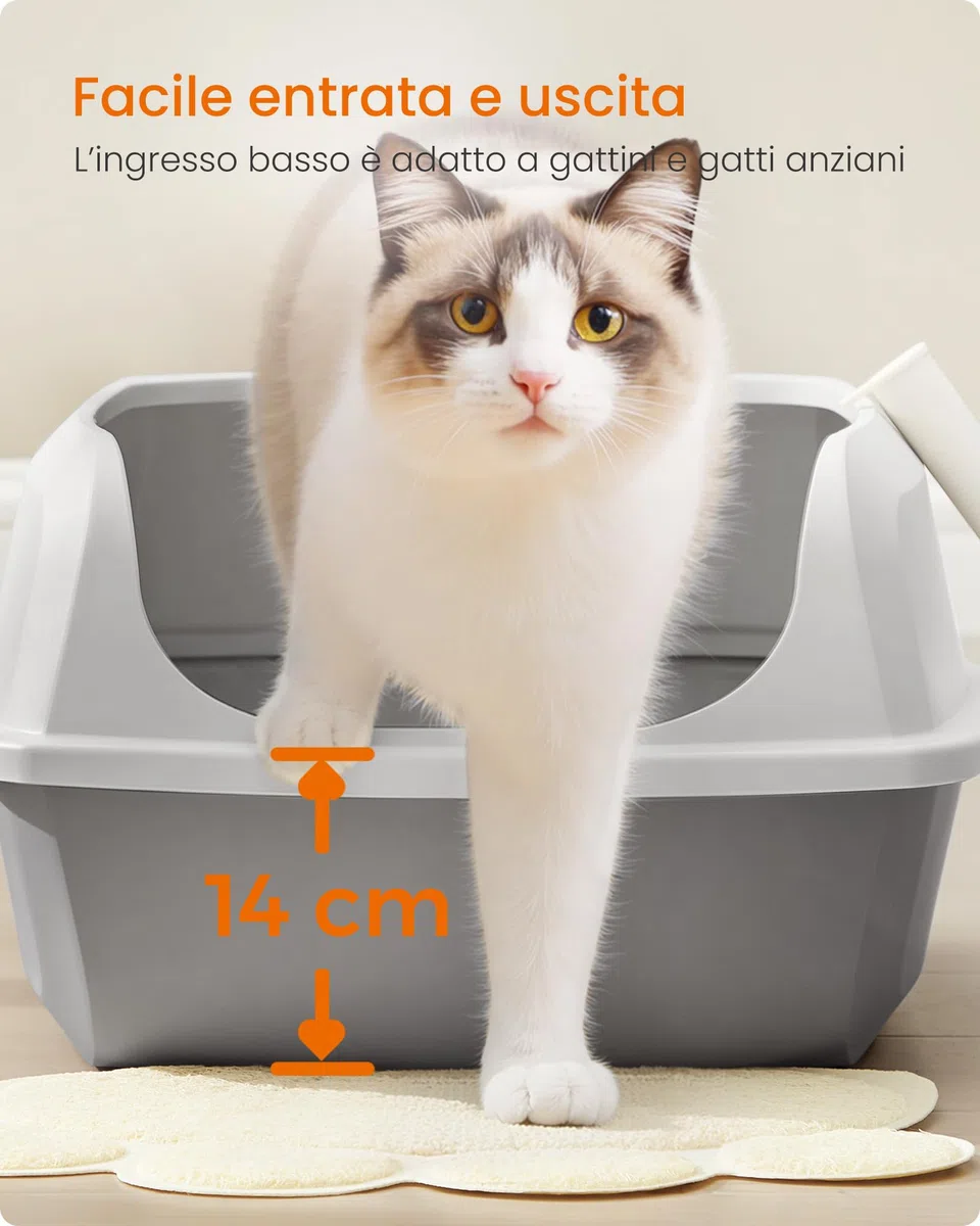 Feandrea Vassoio Lettiera per Gatti con Bordi Alti, XXL, Aperto con Paletta, per Gattini e Gatti Grandi, Bianco Nuvola PPT010W101