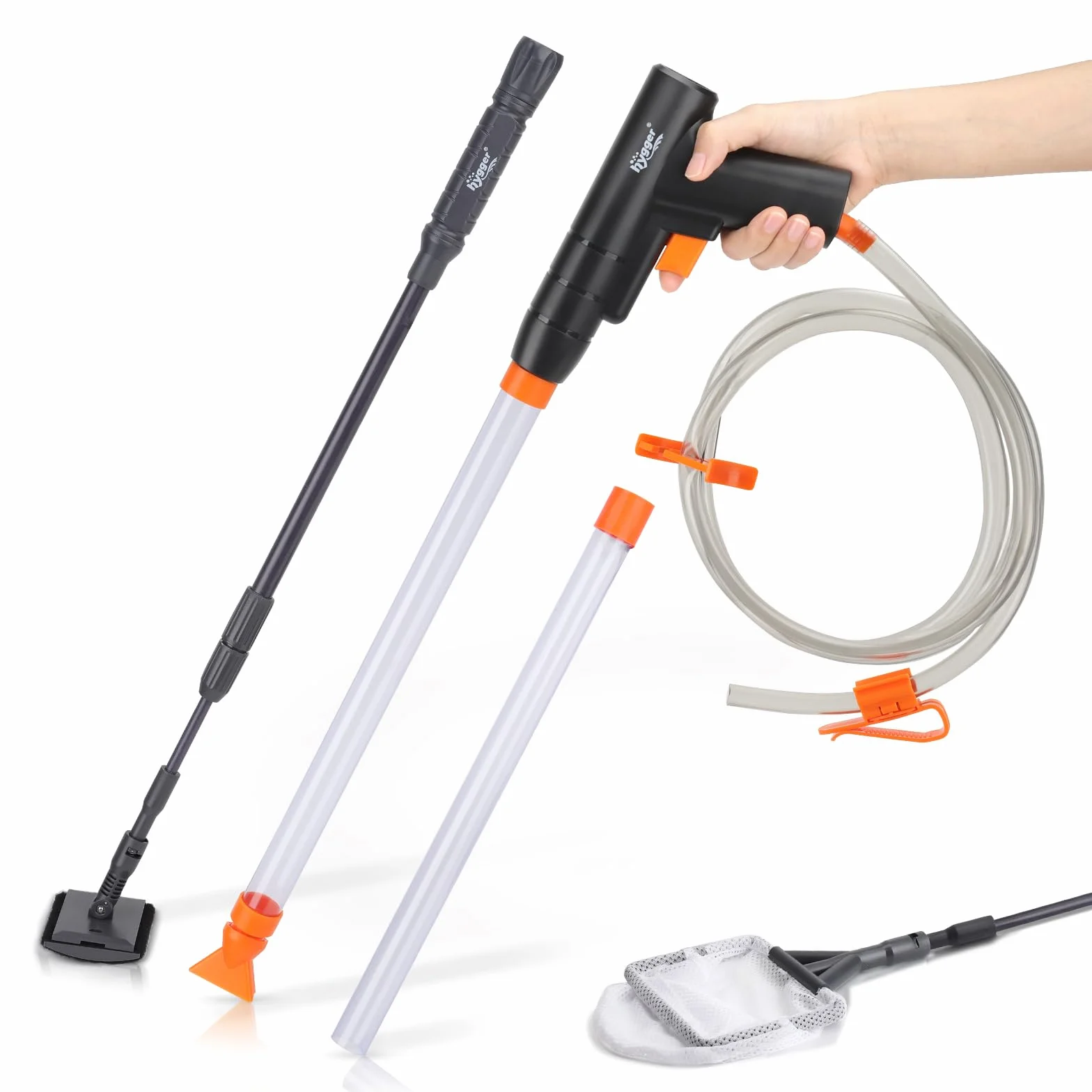 hygger Pulizia Acquario Ghiaia, Aspirapolvere per Acquario Kit di Pulizia per Cambio Acqua con Rete Spazzola,Sabbia Pulitore Acquario Sifone Aspirapolvere con Morsetto Regolatore Tubo Acqua