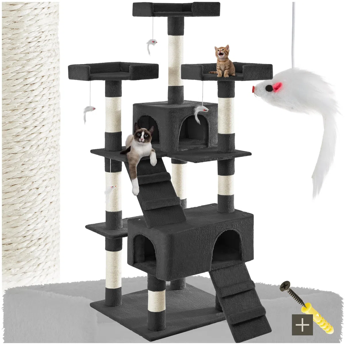 tectake® Tiragraffi per Gatti, Albero per Gatto con 2 Casette in Peluche, 4 Topolini da Gioco per Felini, 3 Piattaforme, Struttura Robusta, Tiragraffi felino a più Piani - Nero