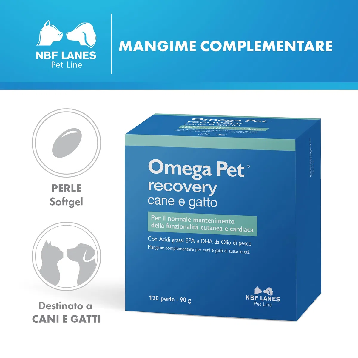NBF Lanes | Omega Pet Recovery Cane e Gatto, 120 Perle Appetibili, per il Normale Mantenimento della Funzionalità Cutanea e Cardiaca
