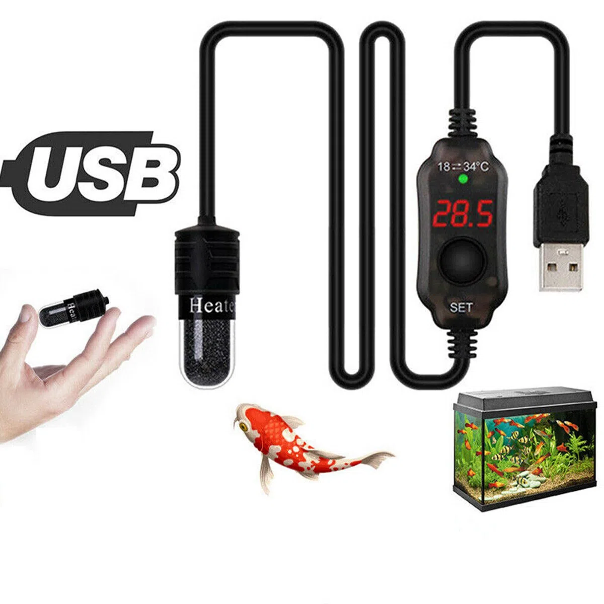 Mini riscaldatore per acquario sommergibile alimentato tramite USB, 10 W, con termometro integrato, regolatore di temperatura esterno utilizzato per serbatoio da 2-4 litri