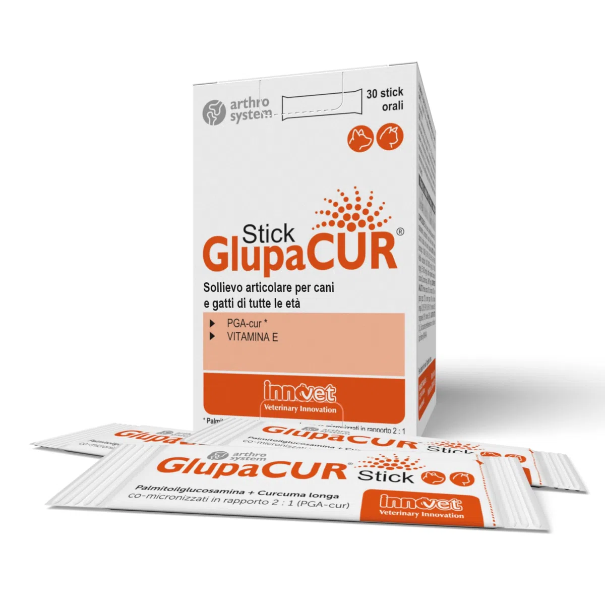 Glupacur Sollievo articolare per cani e gatti di tutte le età con PGA (Palmitoil-Glucosamina)), Estratto di curcuma longa e Vitamina E – Alimento complementare – 30 stick