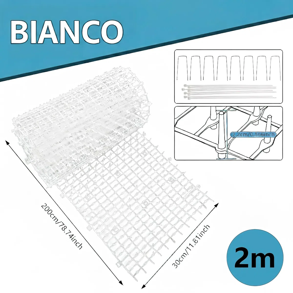 Tappetino repellente per animali domestici, bianco, 2 m, con 8 picchetti a terra, 8 fascette con zip, tappetino repellente per gatti con punte delicate per giardino/cortile, tappetino