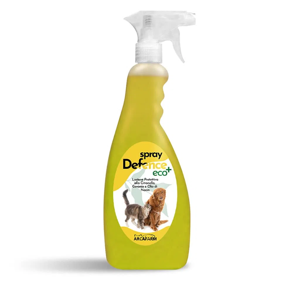 Repellente Naturale Spray per Cani Gatti alla Citronella Geranio Olio di Neem 750 ml Defence Eco+, Zanzare Mosche Insetti, Protezione Tripla Azione Immediata, 100% Made in Italy