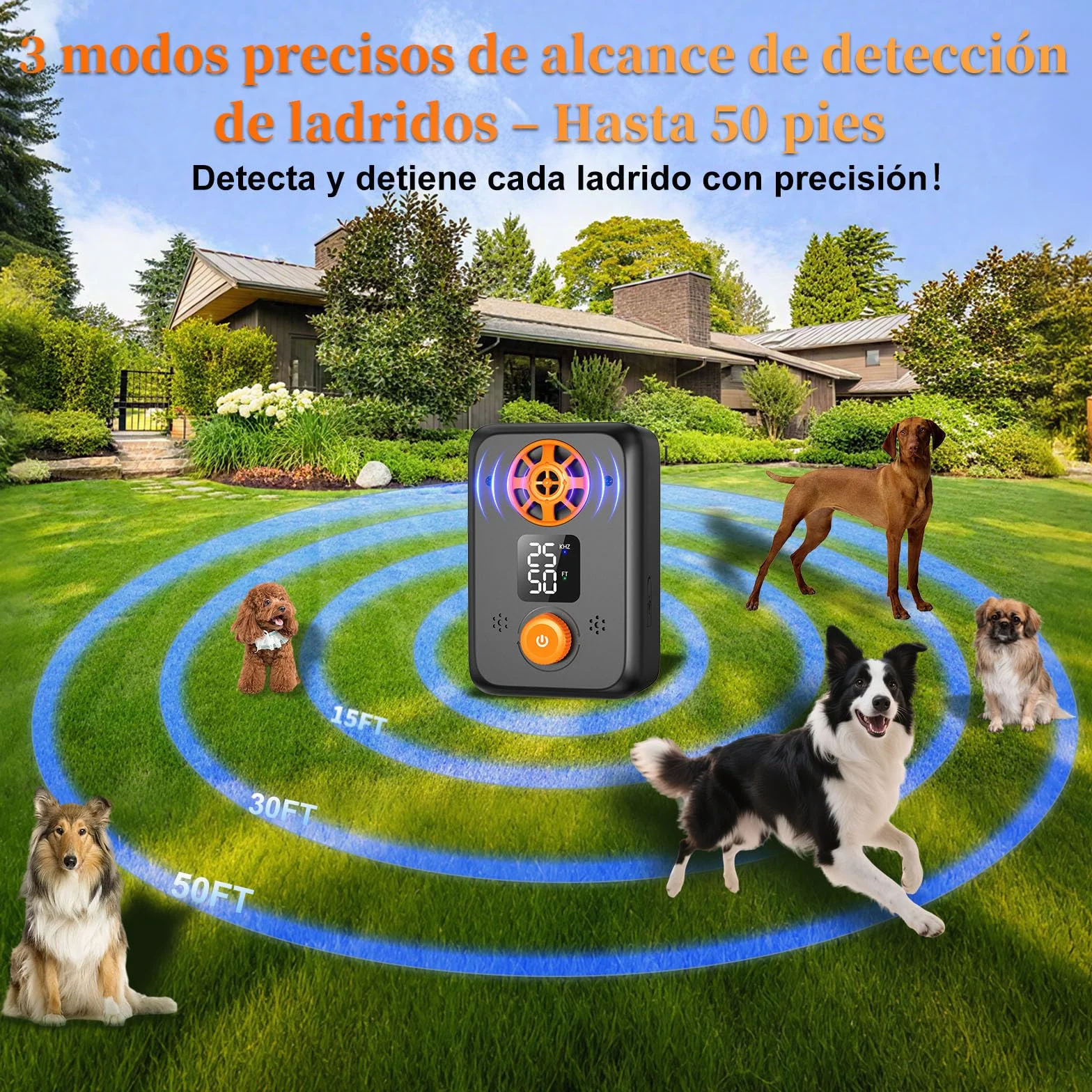 Dispositivo Antiabbaio per Cani Ultrasuoni - Ultrasuoni per Cani Ferma Abbaio Automatico con 5 modalità Frequenza, 3 Portate, Interno/Esterno Efficace