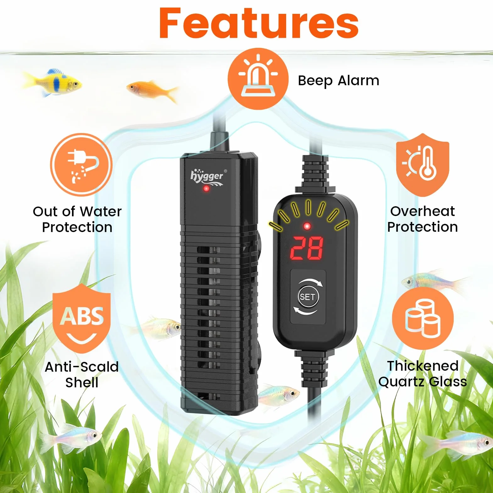 hygger Mini Aquarium Heater, 50W Riscaldatore per Acquario con Display Digitale, Regolatore di Temperatura Regolabile Sommergibile Fish Tank Heater for 19-38L Betta Turtle Tanks