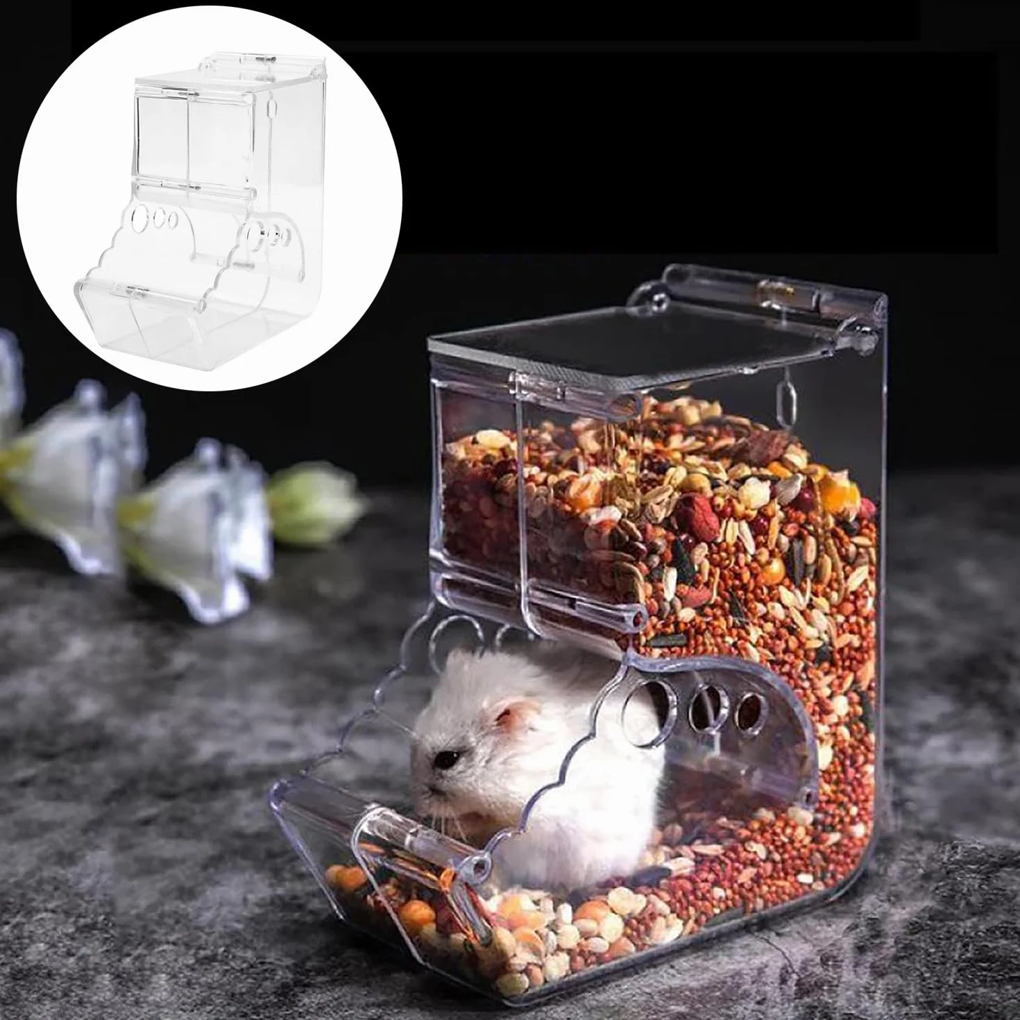 Distributore automatico di cibo per criceti, Acrilico Trasparente, Mangiatoia per Criceti Automatica, Hamster Feeder, Alimentatore Automatico a Gravità, per Criceti, Scoiattoli e Altri Piccoli Animali