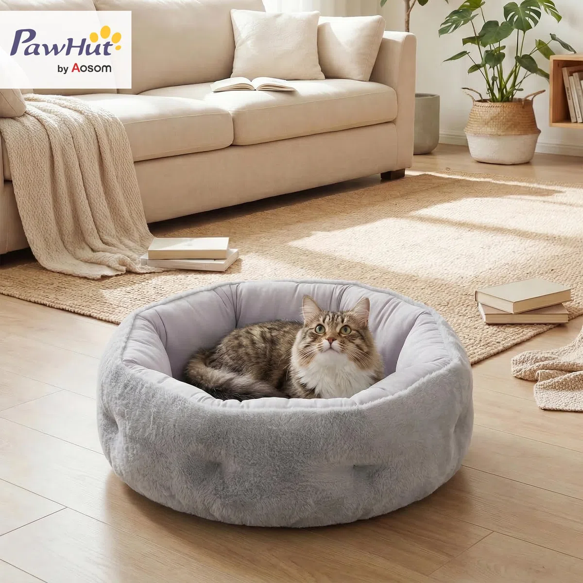 PawHut Letto per Gatti in Peluche, Cuccia per Gatti Rotondo con Bordo di Supporto, Uso su Entrambi i Lati, 62x62x21 cm, Grigio Chiaro