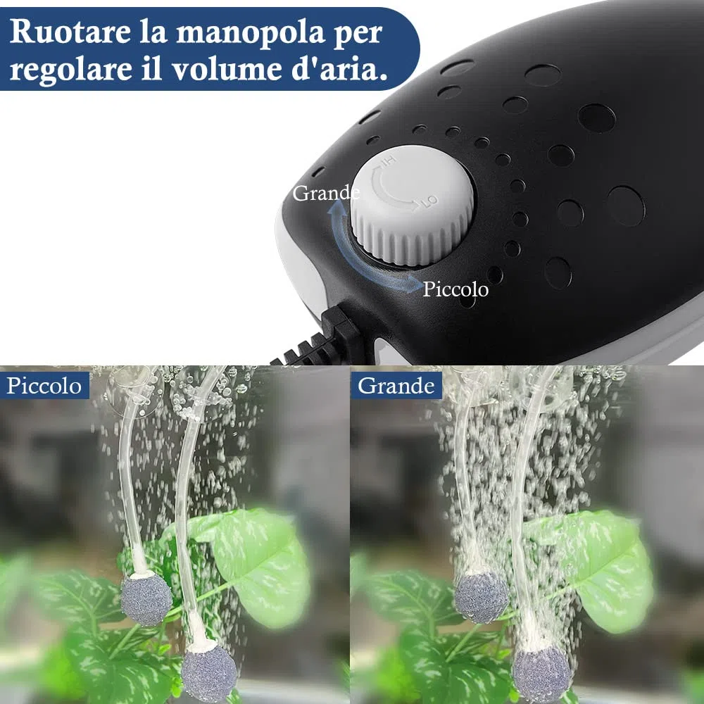 Ossigenatore per Acquario 3W, Pompa ad Aria per Acquario 300L/H, Potente Aeratore Silenzioso per Acquari da 1-450 Litri di Pesci e Tartarughe
