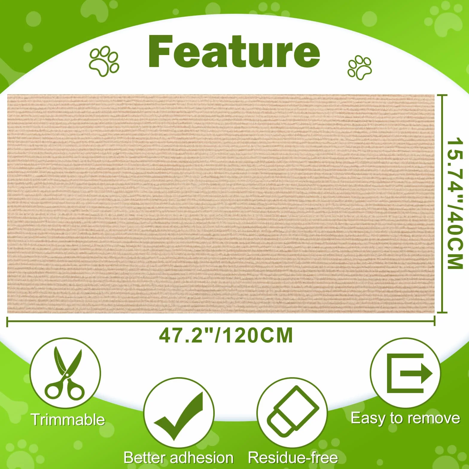 ENONCI - Tappetino tiragraffi autoadesivo per gatti e altri animali domestici, protezione antigraffio per divano e mobili, riutilizzabile (beige, 40 x 120 cm)