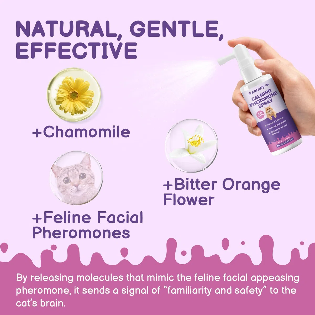 Spray calmante per gatti, aiuta a risolvere problemi comportamentali, stress, ansia, per casa, viaggi, toelettatura, con feromoni per gatti e ingredienti naturali