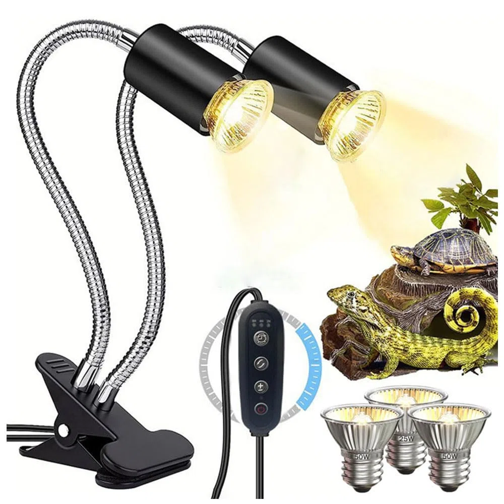KINGYEENUO Lampada di Calore rettile a Doppia Testa con Timer, Lampadine a 3 Pacchetti: 2x50W 1x25W UVA + UVB E27 Basking Luce, Lampada a Clip Rotabile a 360° con Controllo Separato per Tartaruga