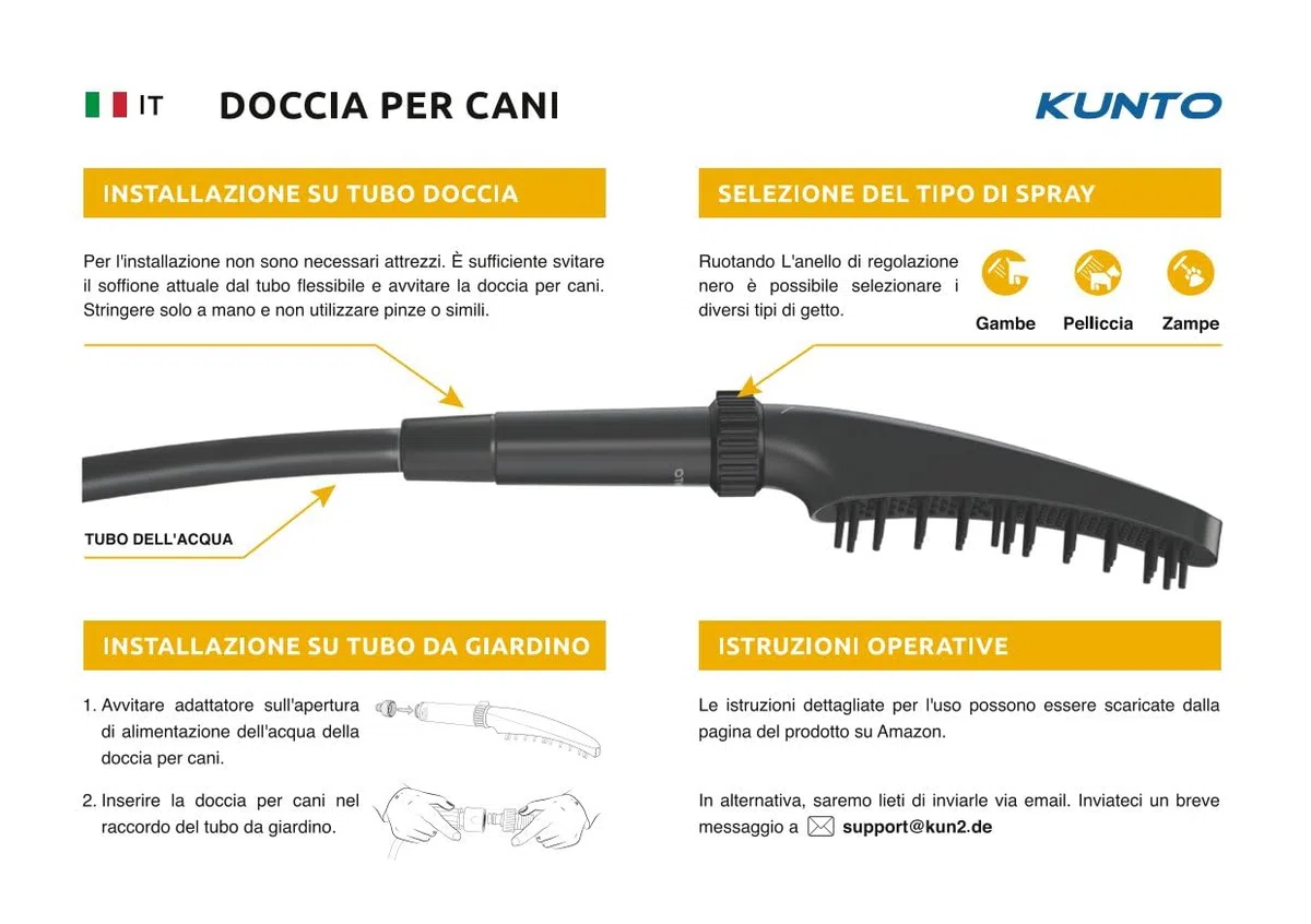 doccia KUNTO®: doccia per cani a 4 getti - setole in silicone per pulizia piacevole ed efficace del pelo. Adattatore per tubo da giardino