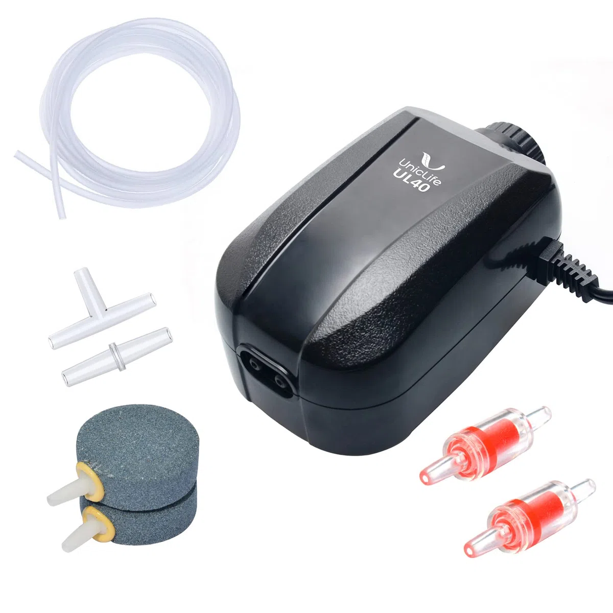 Pawfly Ossigenatore per Acquario da 4 L/min con Doppia Uscita Pompa Aeratore Silenziosa Regolabile con Pietra d'Aria Tubo d'Aria Valvola di Non Ritorno e Connettore Accessori per Acquario fino a 380 L