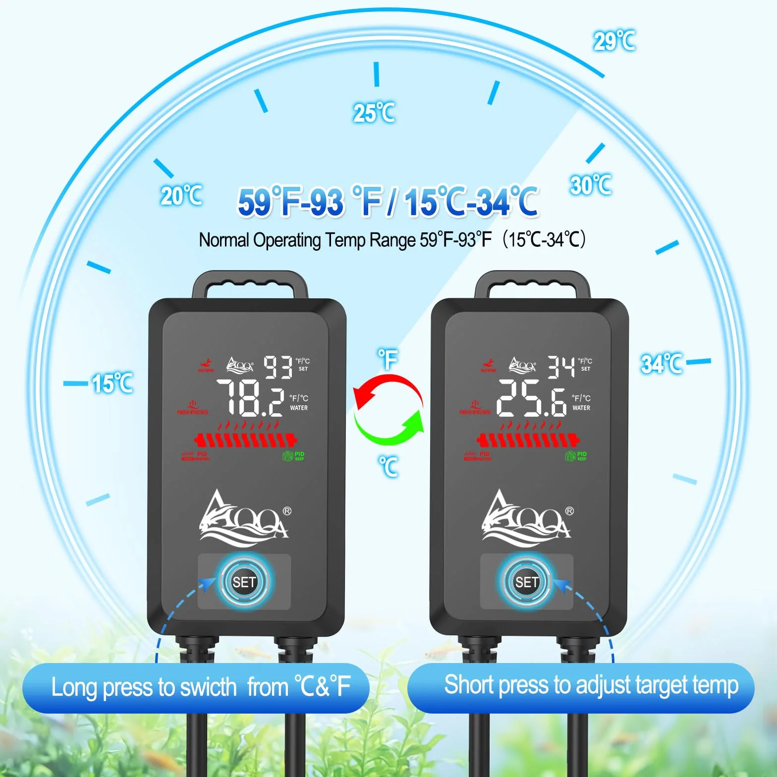 AQQA Riscaldatore per acquario, 500 W, barra riscaldante regolabile per acquari, con display digitale esterno, controller LED per 100 – 300 l