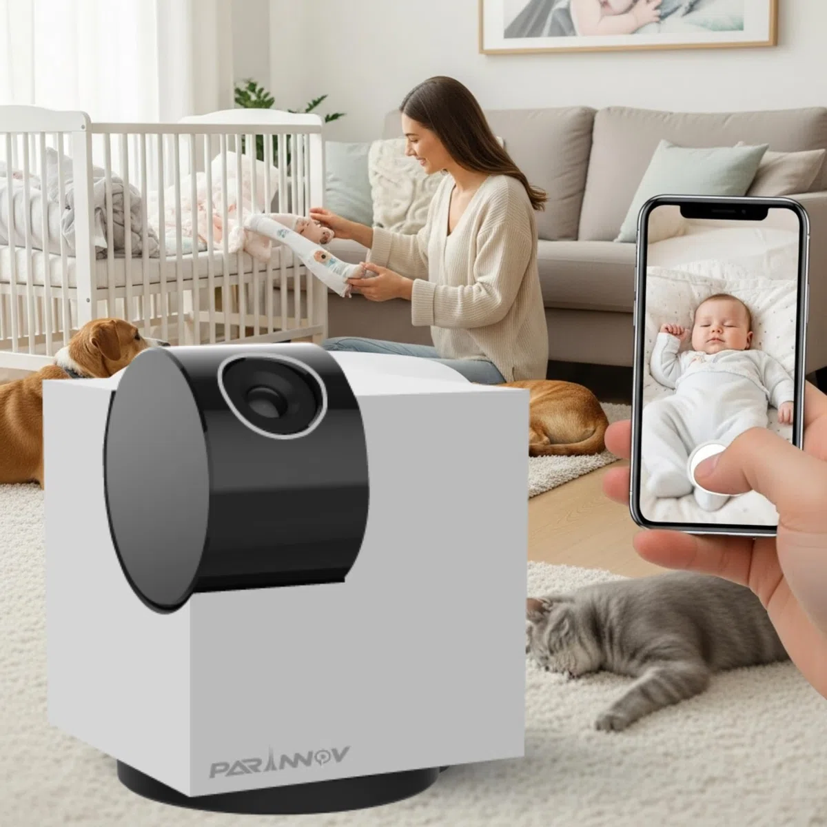 3MP Telecamera interna WiFi, Baby Monitor, Videocamera con controllo WiFi interno, Rilevamento del mov. e del suonoo, Tracciamento, Walkie-talkie, Notturna, Telecamera per cani e gatti, Alexa
