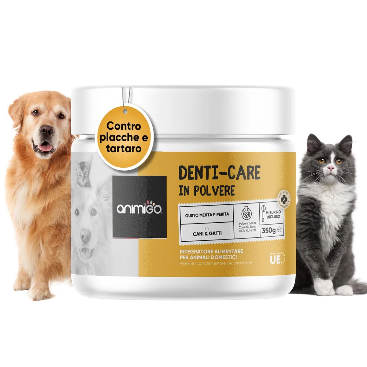 Pulizia Denti Cane e Gatto 350g in Polvere con Dosatore, Antiplacca e Antitartaro, Comoda Alternativa al Dentifricio per Cani Senza Risciacquo per Alitosi Gatto Cane, Sciogli Tartaro per Cani e Gatti