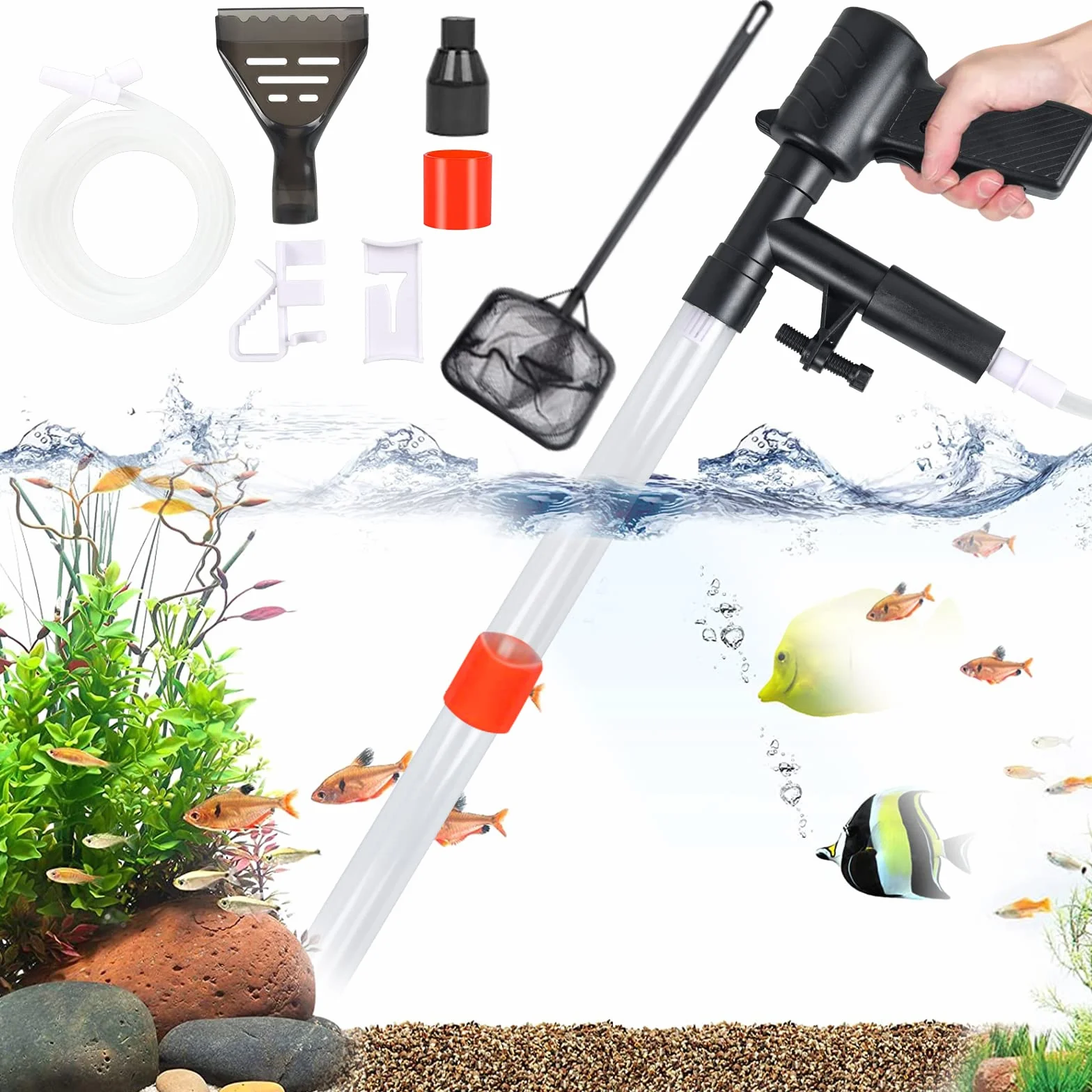 Pulizia Acquario Ghiaia, 5 in 1 Kit di Pulizia per Cambio d'Acqua Filtro con Pulsante di Pressione dell'Aria, Multifunzione Sifone Aspirapolvere Pulitore per Ghiaia per Cambia l'acqua, Succhia Sporco