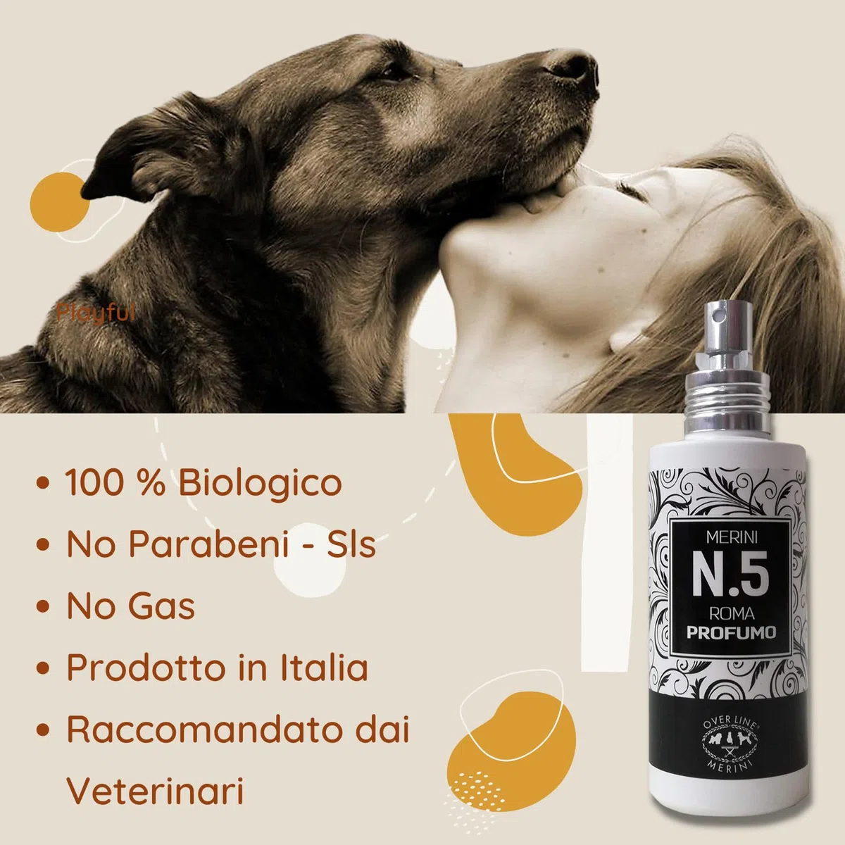 OVER LINE MERINI |Profumo per Cani Lunga Durata 100 ml – Deodorante Cane che Elimina gli Odori – Fragranza Dolce e Raffinata – Pelo Fresco e Profumato – Made in Italy