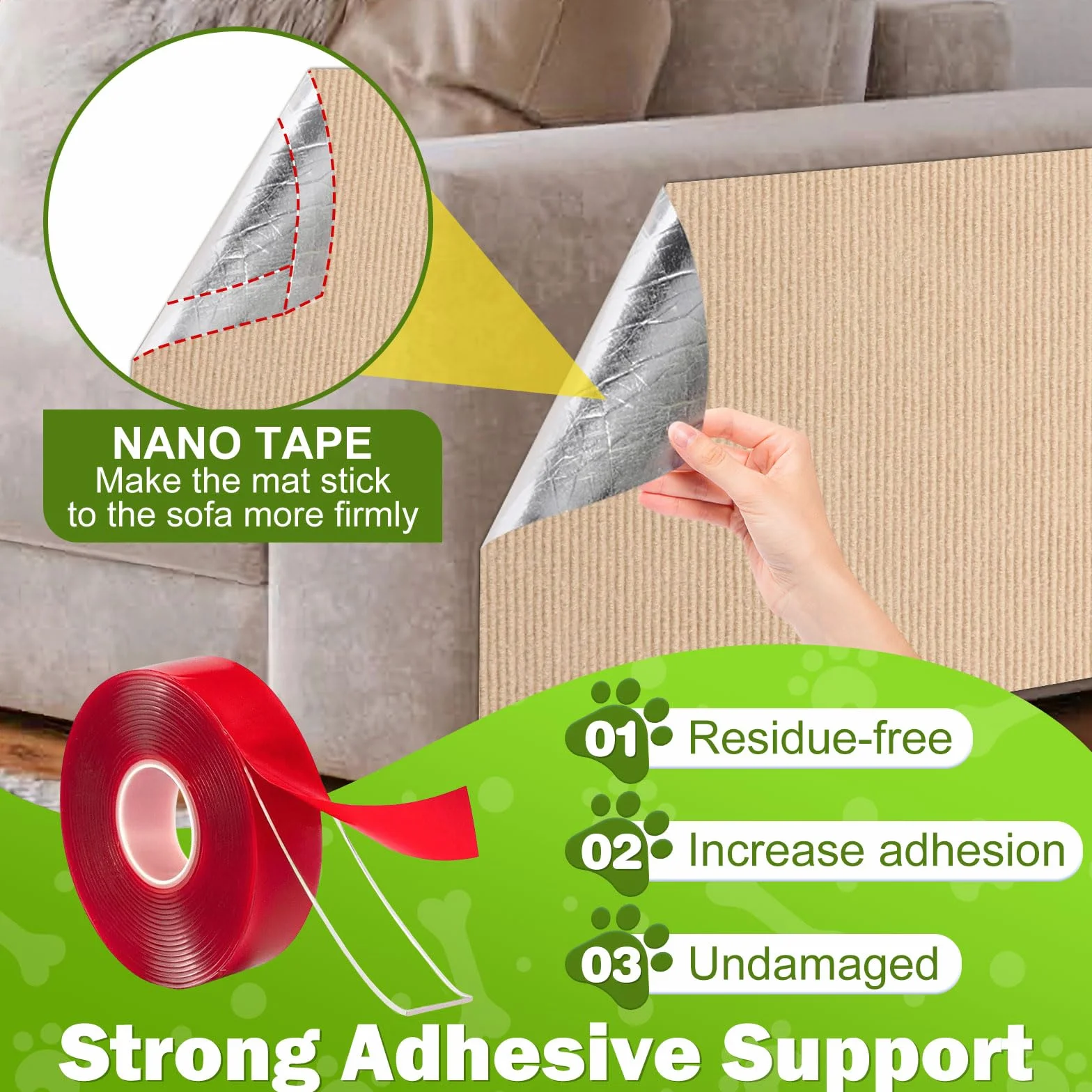 ENONCI - Tappetino tiragraffi autoadesivo per gatti e altri animali domestici, protezione antigraffio per divano e mobili, riutilizzabile (beige, 40 x 120 cm)