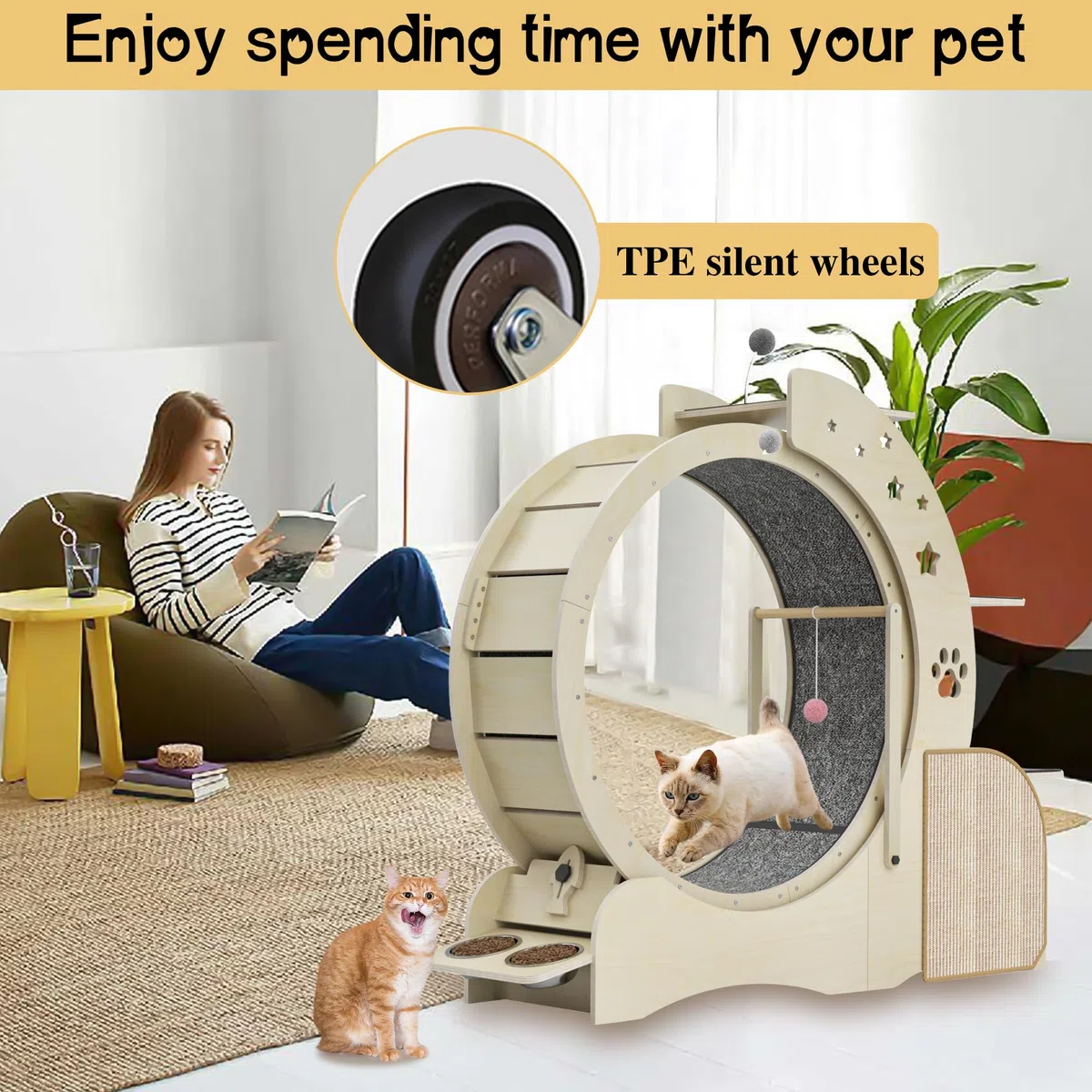 Ruota per Gatti 5 in 1 in Legno Multifunzionale Bloccabile Ruota per Esercizi per Gatti Tiragraffi a Scaletta per Gatti a 3 Livelli con 2 Ciotole Giocattoli Interattivi per Gatti