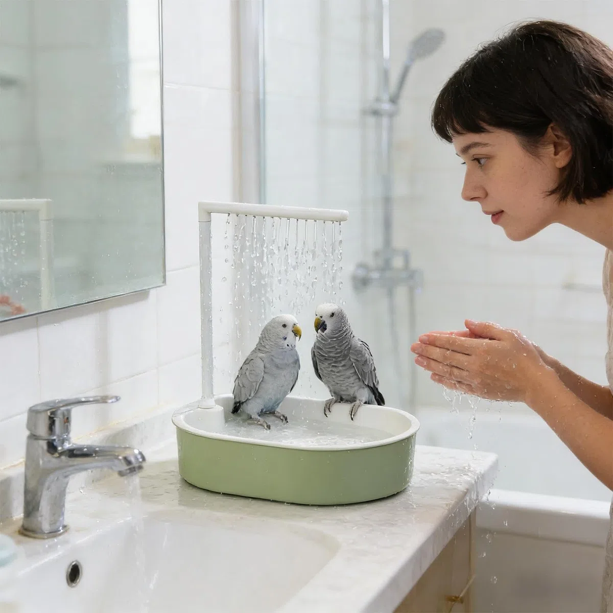 Doccia per pappagalli | Abbeveratoio automatico alimentato tramite USB, con pompa e acqua corrente per calopsitta, gabbia piccola e media, per esterni, interni, balcone, patio,