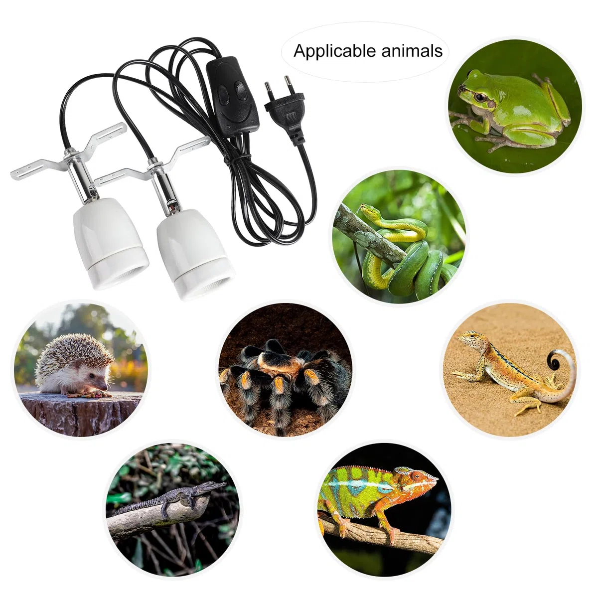 CPROSP Portalampada E27 Rettile Doppia Testa, con 2 * 25W Lampada, Lampada Riscaldante Presa con Doppio Interruttore, 1,8M Cavo e Spina, Lucertola Tartaruga UV, Presa in Porcellana Ruotabile a 360°