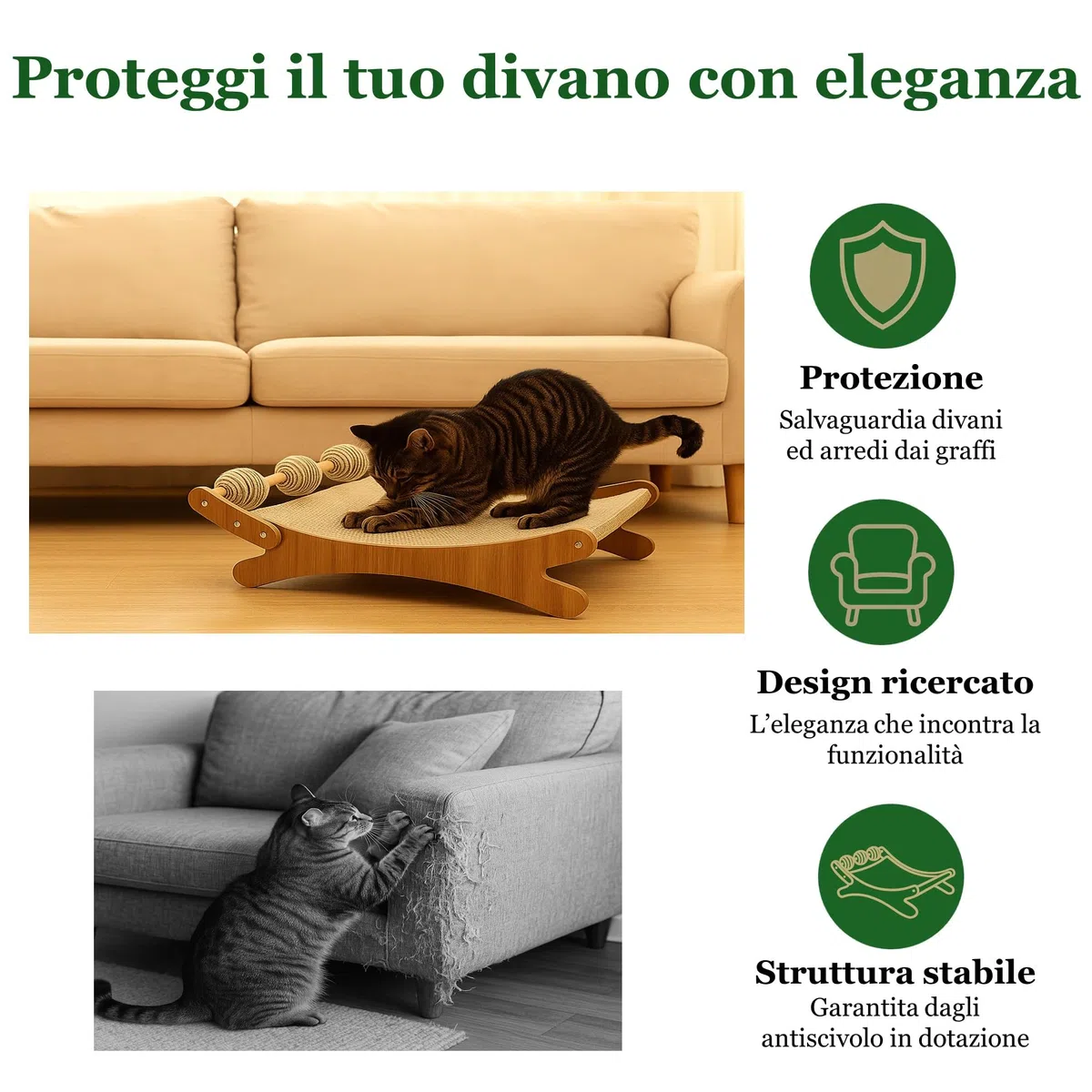 PetElegance -Tiragraffi per Gatti XXL - 3 in 1 con Palline Gioco - MDF e Sisal Naturale – Tiragraffi per Gatti Adulti Grandi, Centro Gioco e Relax - Design Elegante