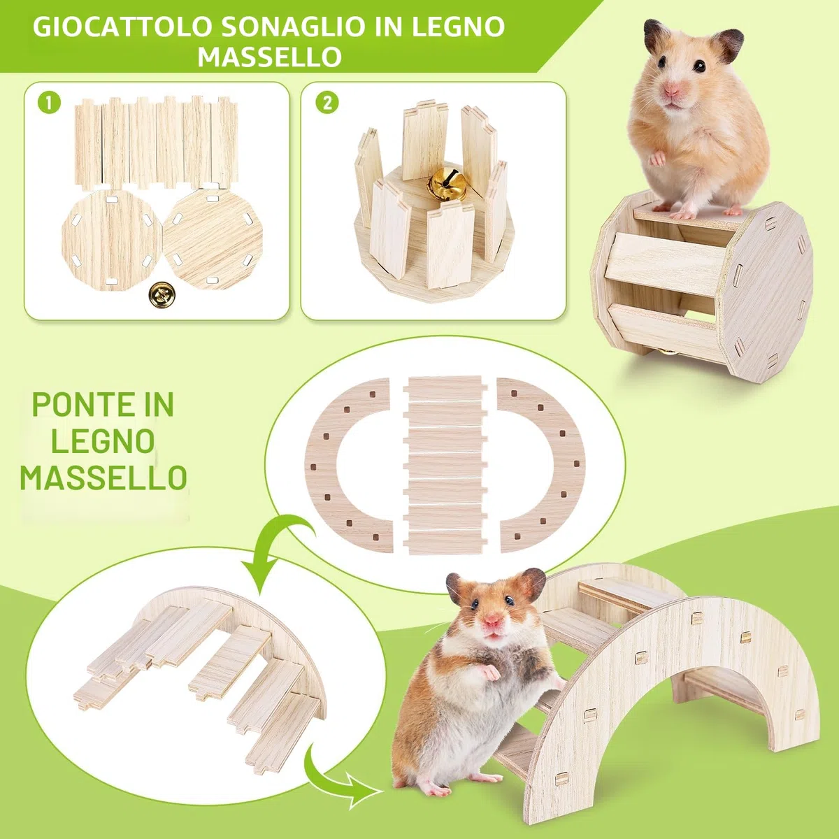 Giochi per Criceti, 7 Pezzi Giochi Criceto in Legno, Gabbia per Criceti, Casetta per Criceti, Criceto Giocattolo Fai Da Te, Accessori per Criceti, Altalena e Ponte per Porcellini D'india