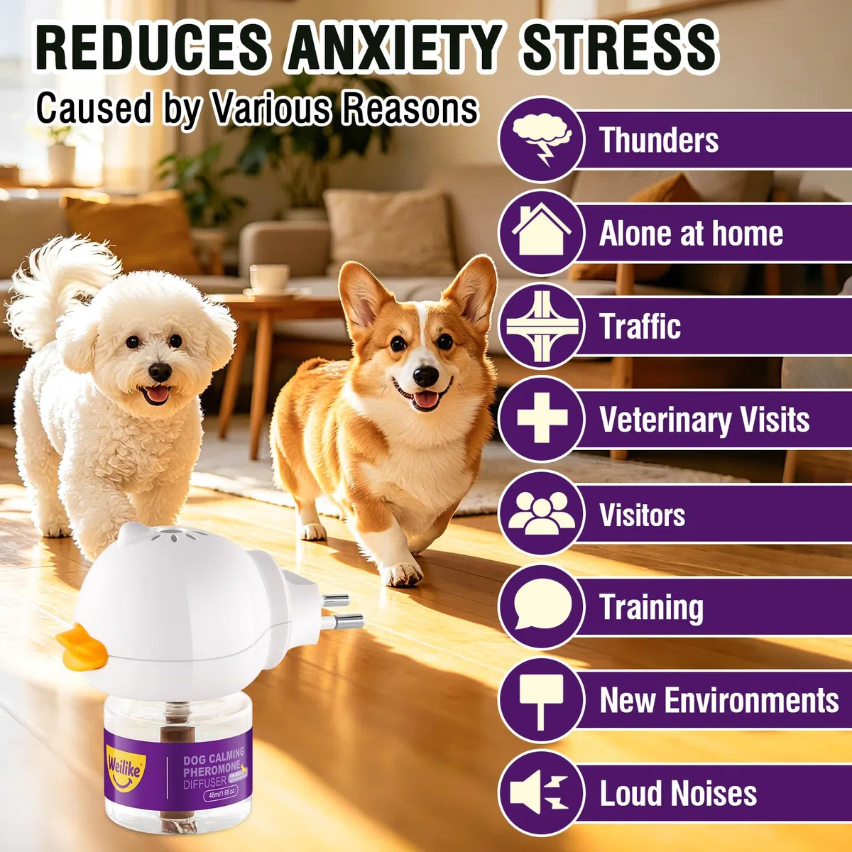 Diffusore di Feromoni Rilassanti per Cani,Sollievo Naturale dall'Ansia,Riduce Lo Stress e Favorisce Il Rilassamento,Formula Sicura ed Efficace,2 Ricariche