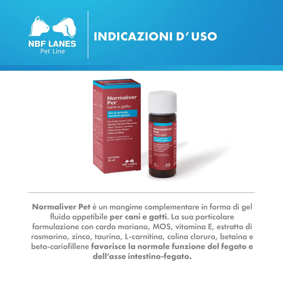 NBF LANES | Normaliver Cane e Gatto, 50 ml Sciroppo in Gel Appetibile, per la Normale Funzione Epatica