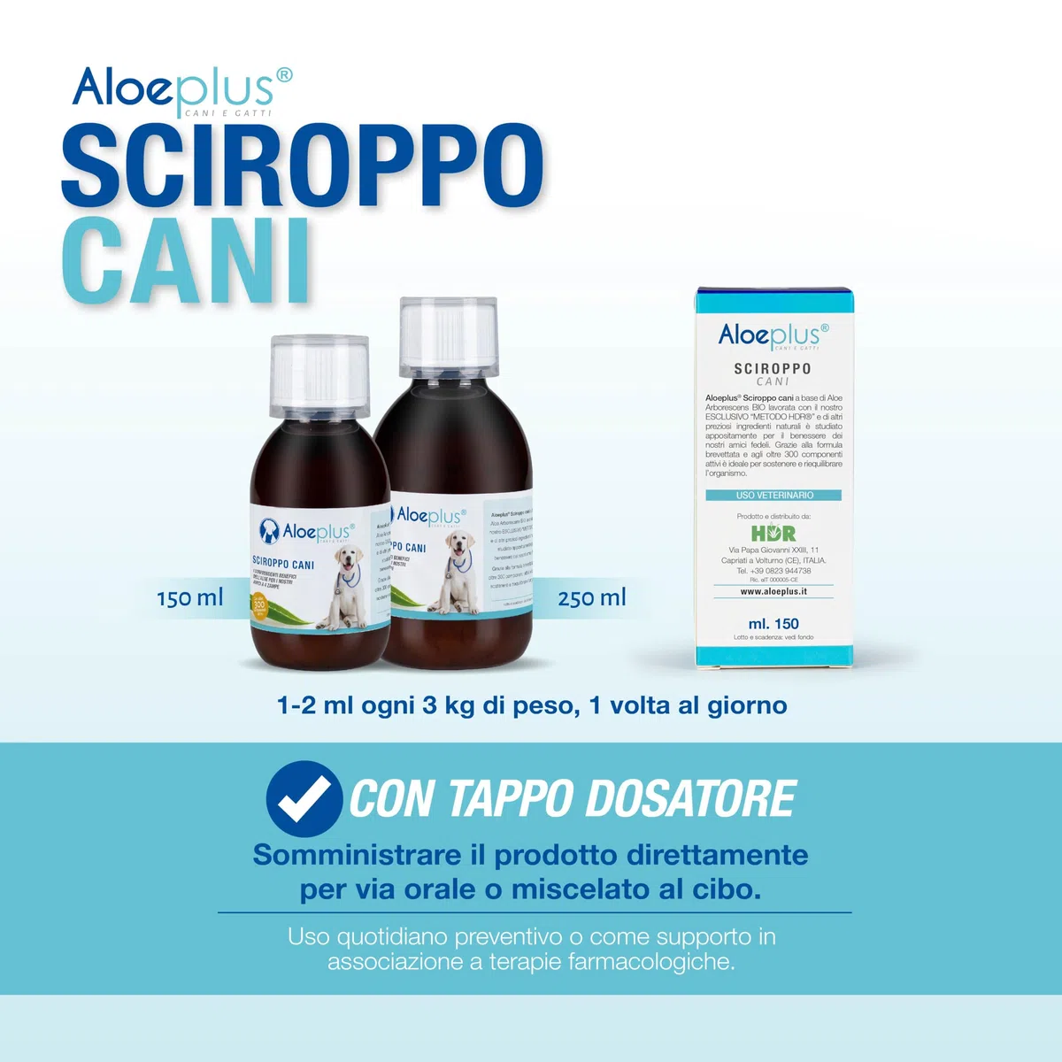 ALOEPLUS Cani Sciroppo 150ml - Alimento Complementare Energetico, Disintossicante a base di Aloe Arborescens BIO, Rafforza le Naturali Difese, Ideale come ricostituente Cani Anziani e Cuccioli