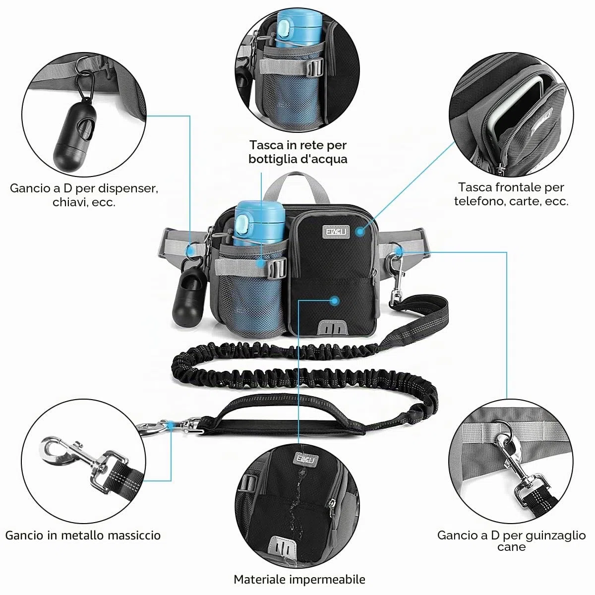 ETACCU Guinzaglio Libero per Cani con Tasca per Cellulare, Supporto per Bottiglia D'acqua, Guinzaglio da Jogging – Cintura Regolabile 63 – 127 cm Assorbimento Degli urti Riflettenti Espandibile