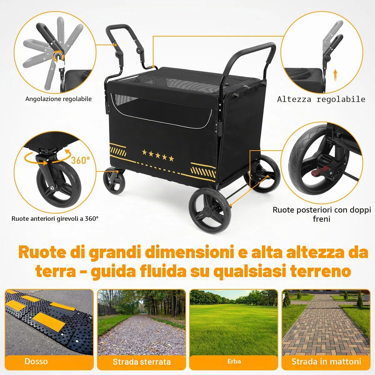 Passeggino per Cani Robusto con Rampa Pieghevole per Accesso Facile, Ideale per Cani Anziani o Infortunati, Passeggino per Animali con 2 Manici Regolabili, Fino a 80 kg