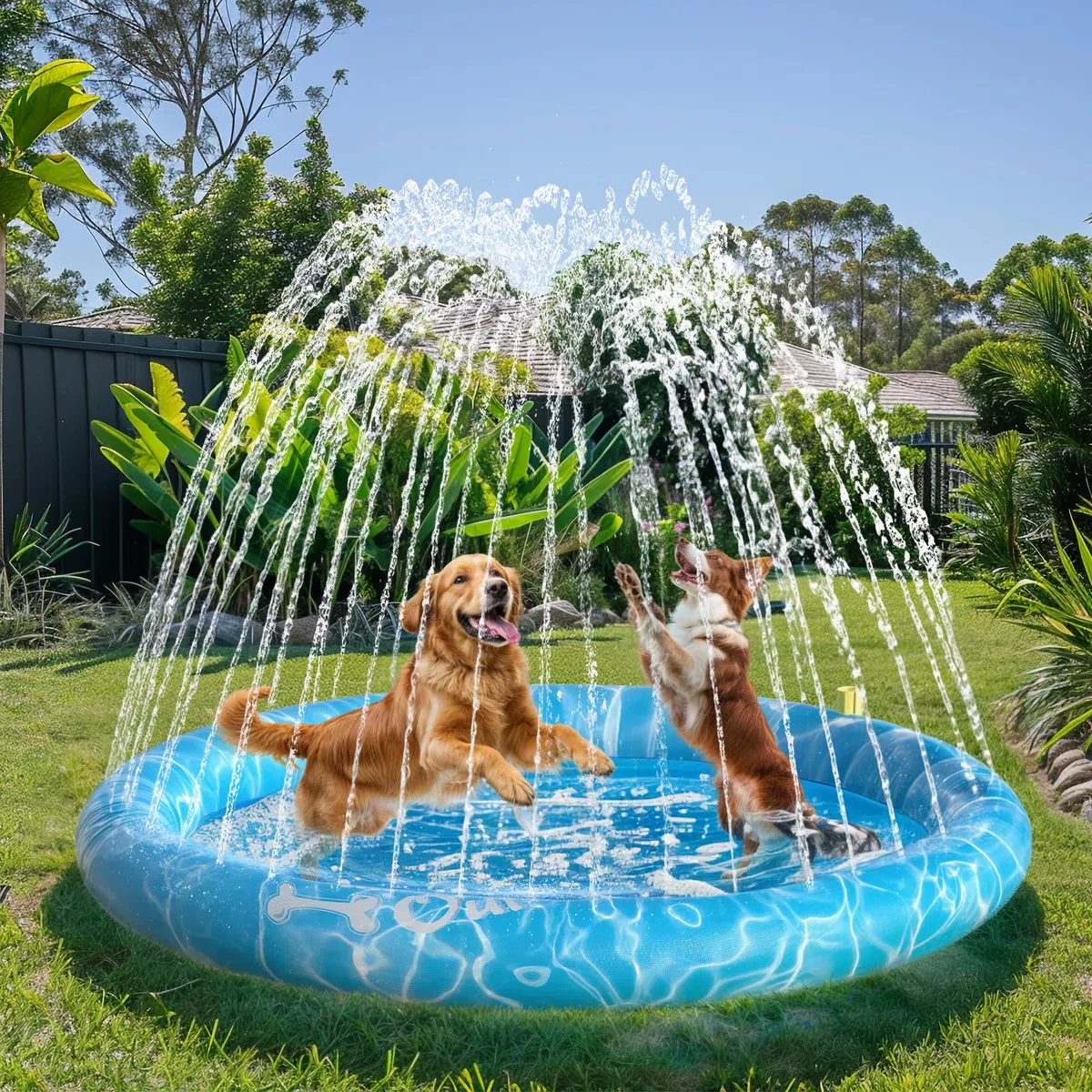 ALL FOR PAWS Tappetino per schizzi per cani di grandi dimensioni, tappetino per irrigazione da giardino da 150 cm, tappetino per irrigazione a spruzzo spesso 0,58 mm, altezza regolabile per l'estate