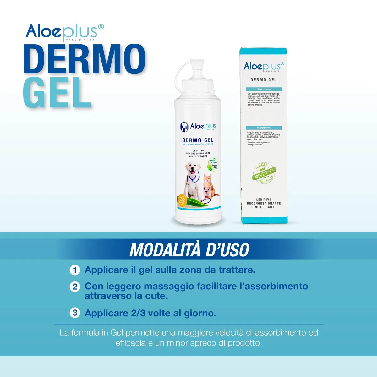 Aloeplus Dermo Gel 200 ml. per Cani e Gatti - Lenitivo e decongestionante con Aloe arborescens Italiana. - Ideale per dermatiti, arrossamenti, prurito, punture di Insetti