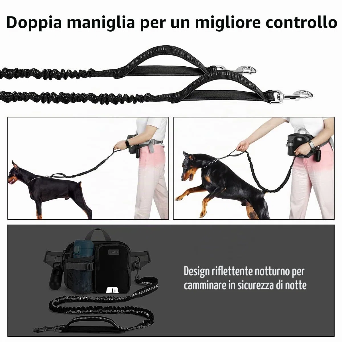ETACCU Guinzaglio Libero per Cani con Tasca per Cellulare, Supporto per Bottiglia D'acqua, Guinzaglio da Jogging – Cintura Regolabile 63 – 127 cm Assorbimento Degli urti Riflettenti Espandibile