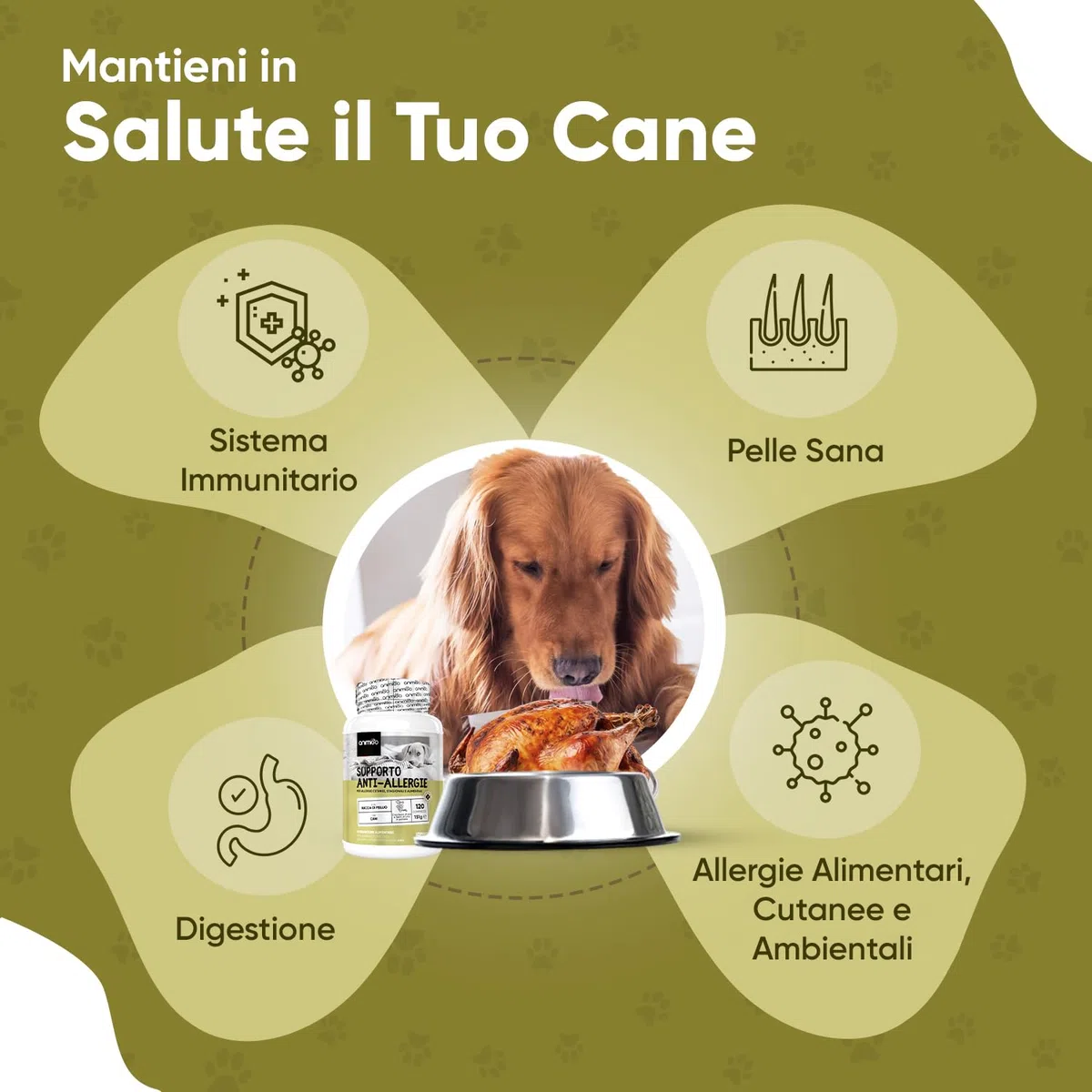 Integratore Cane per Allergie Cutanee, Ambientali, Alimentari e Dermatite Cane, 120 Compresse Gusto Pollo con Semi d'Uva, Semi Zucca, Buccia Psillio, Farina Riso Integrale, Curcuma per tutte le Razze
