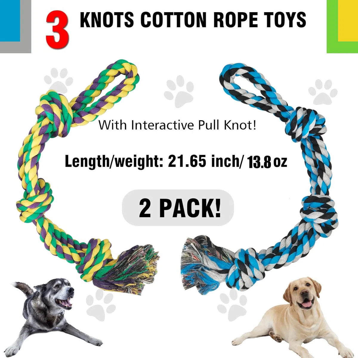 Corda da Gioco per Cani in Puro Cotone, 3 Nodi, 55 CM/390g, Confezione da 2 Giocattoli Indistruttibili da Masticare per Tiro