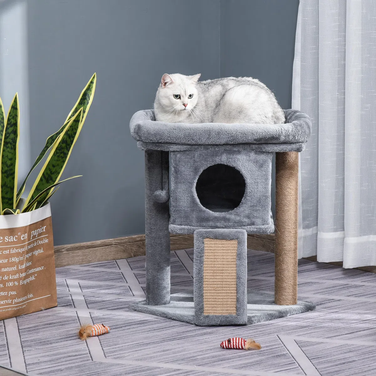 PawHut Albero Tiragraffi per Gatti Multilivello in Peluche con Casetta per Gatti e Lettino, Palestra per Gatto Tiragraffi in Juta e Pallina, Grigio