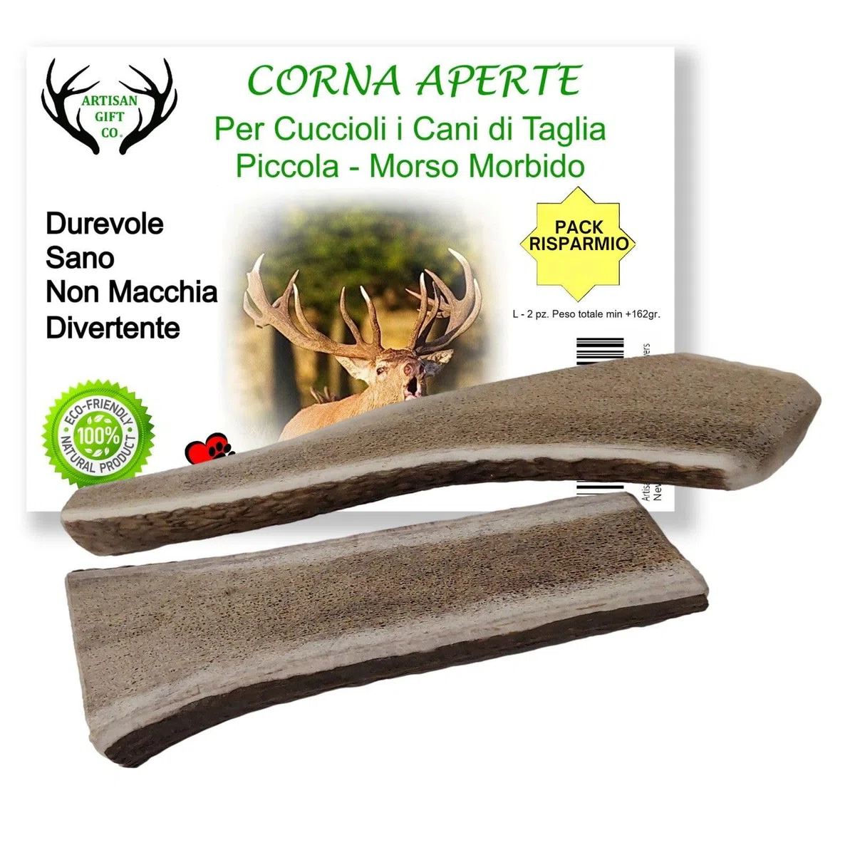 Os Corni di Cervo Aperto, Taglia L (2 Un) | Per Cuccioli e Cani con un Morso Delicato, peso minimo della confezione 162gr.